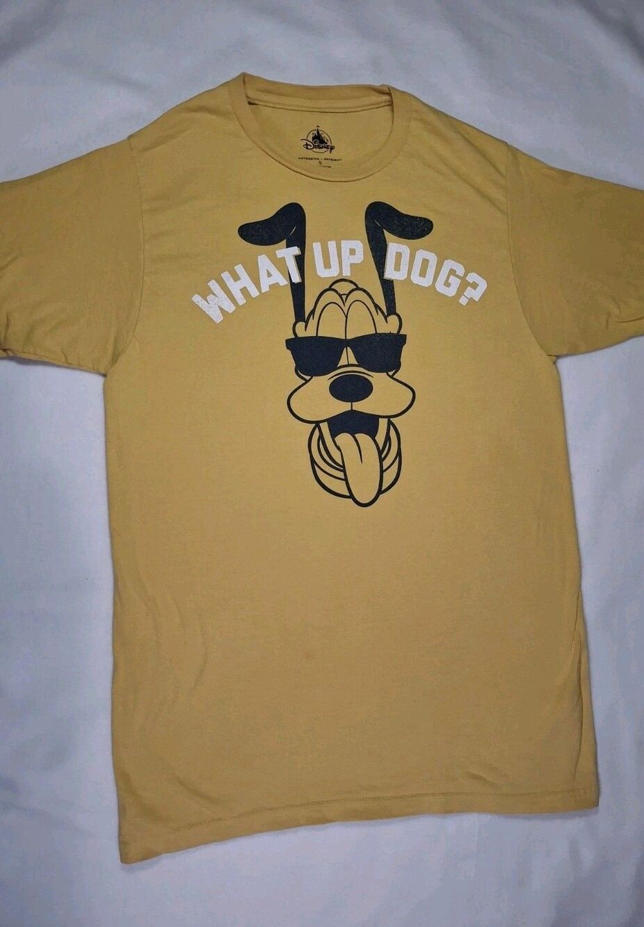 Disney Parks Pluto What Up Dog Graphic T-Shirt Mustard Yellow Gold Size S